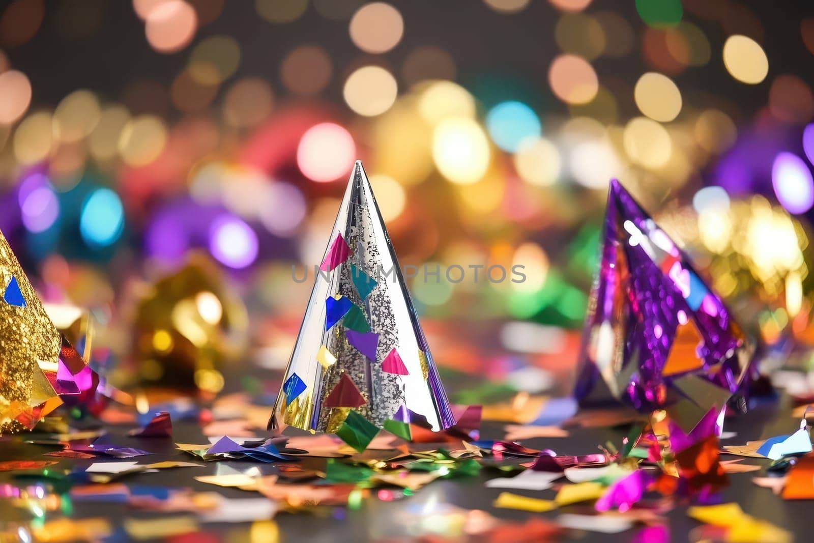 A collection of shiny party hats rests on a table scattered with colorful confetti creating a lively atmosphere perfect for a celebration.