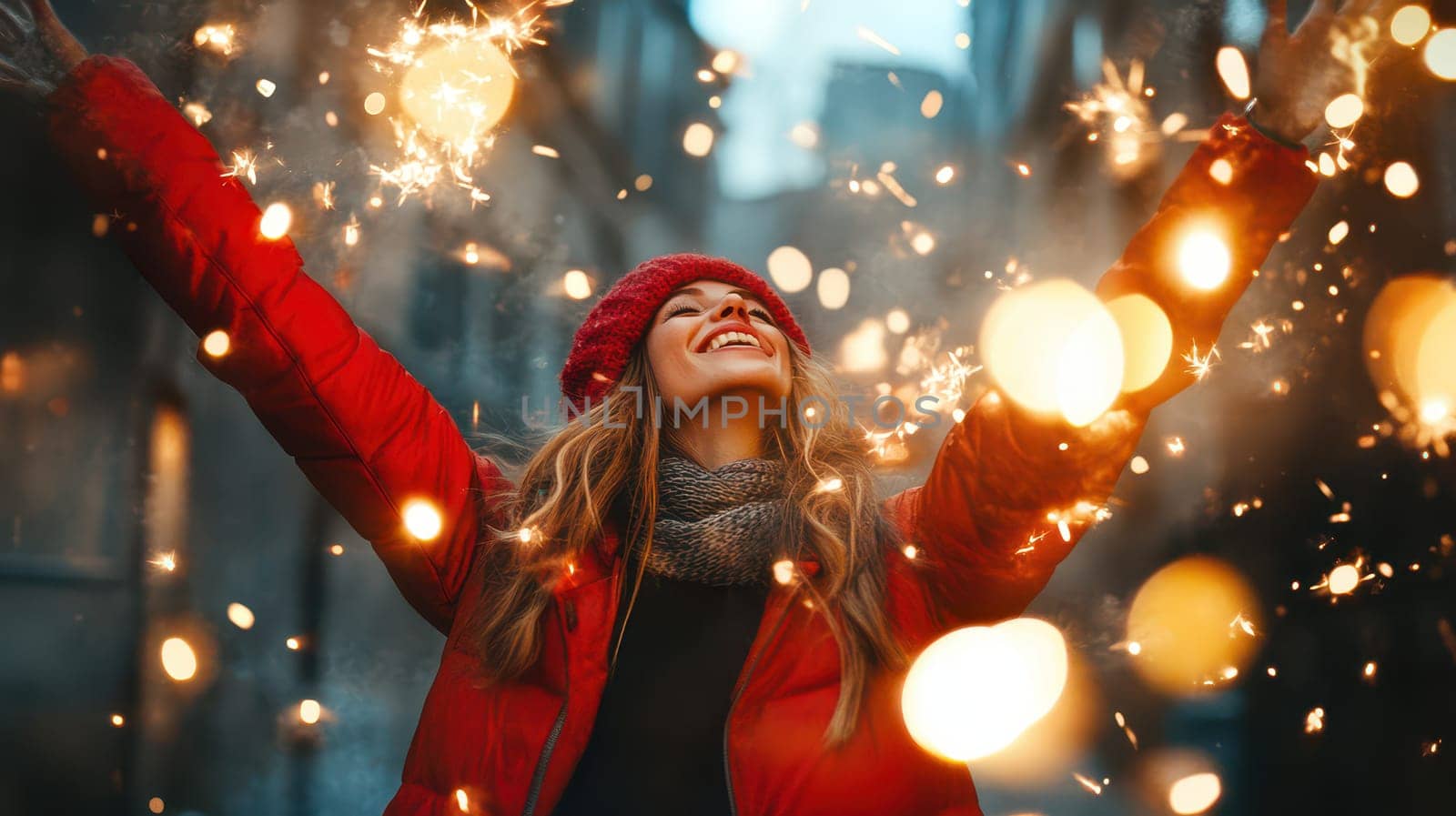 A girl in a red coat and hat joyfully celebrates Christmas by holding sparklers outside.