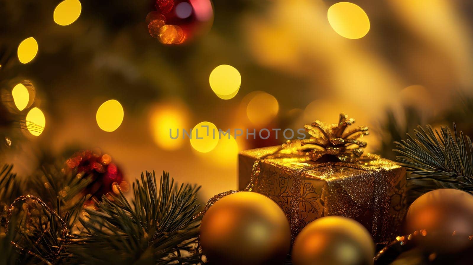 Sparkling golden gifts and ornaments are beautifully arranged around a Christmas tree adding warmth and joy to the holiday atmosphere.