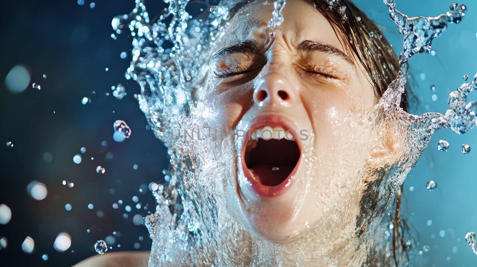 A person is expressing joy during a festive occasion surrounded by splashes of water symbolizing celebration and holiday spirit.