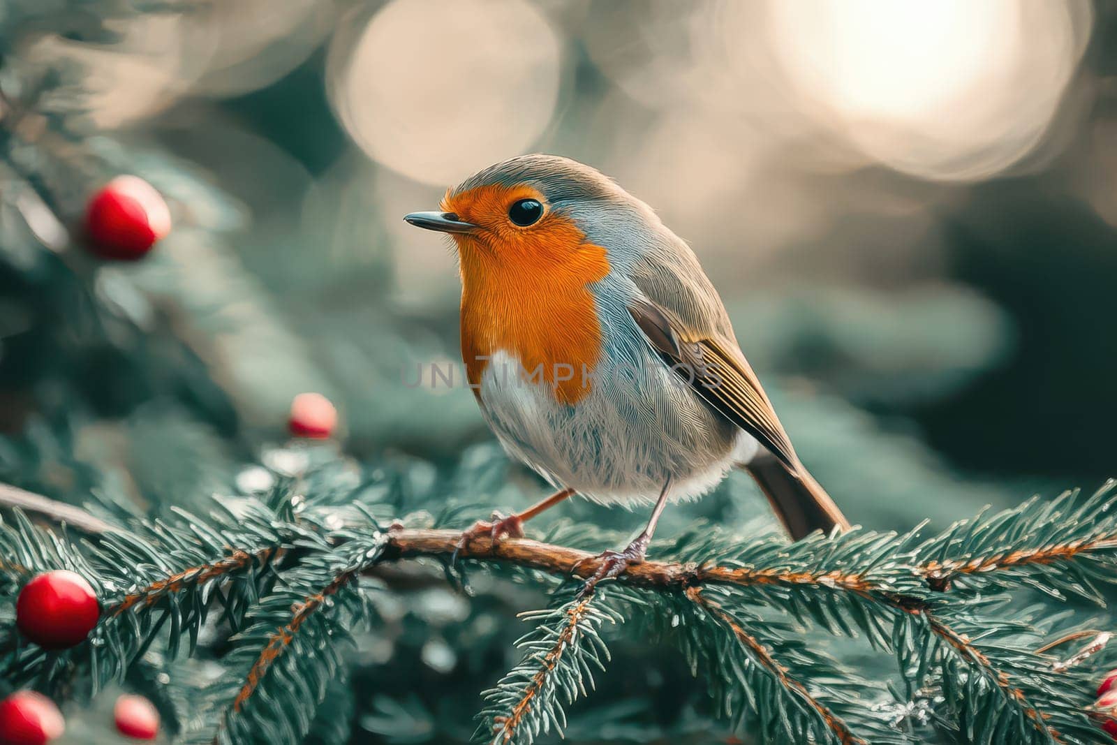 Small bird with orange chest sits on a pine branch adorned with festive red berries during the Christmas season surrounded by soft bokeh lights.