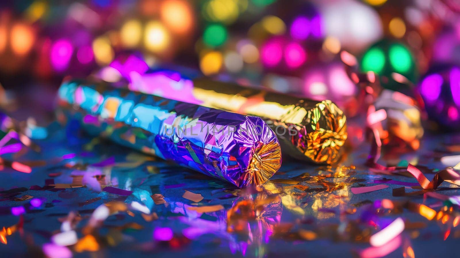Brightly colored wrapped treats and confetti are spread out during a joyful Christmas celebration with twinkling lights.