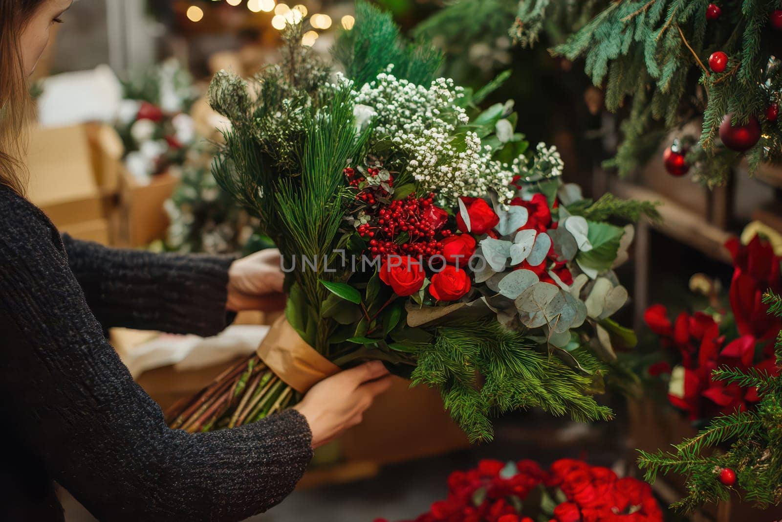 A person arranges a beautiful bouquet filled with red roses and greenery in a festive setting adorned with holiday decorations.