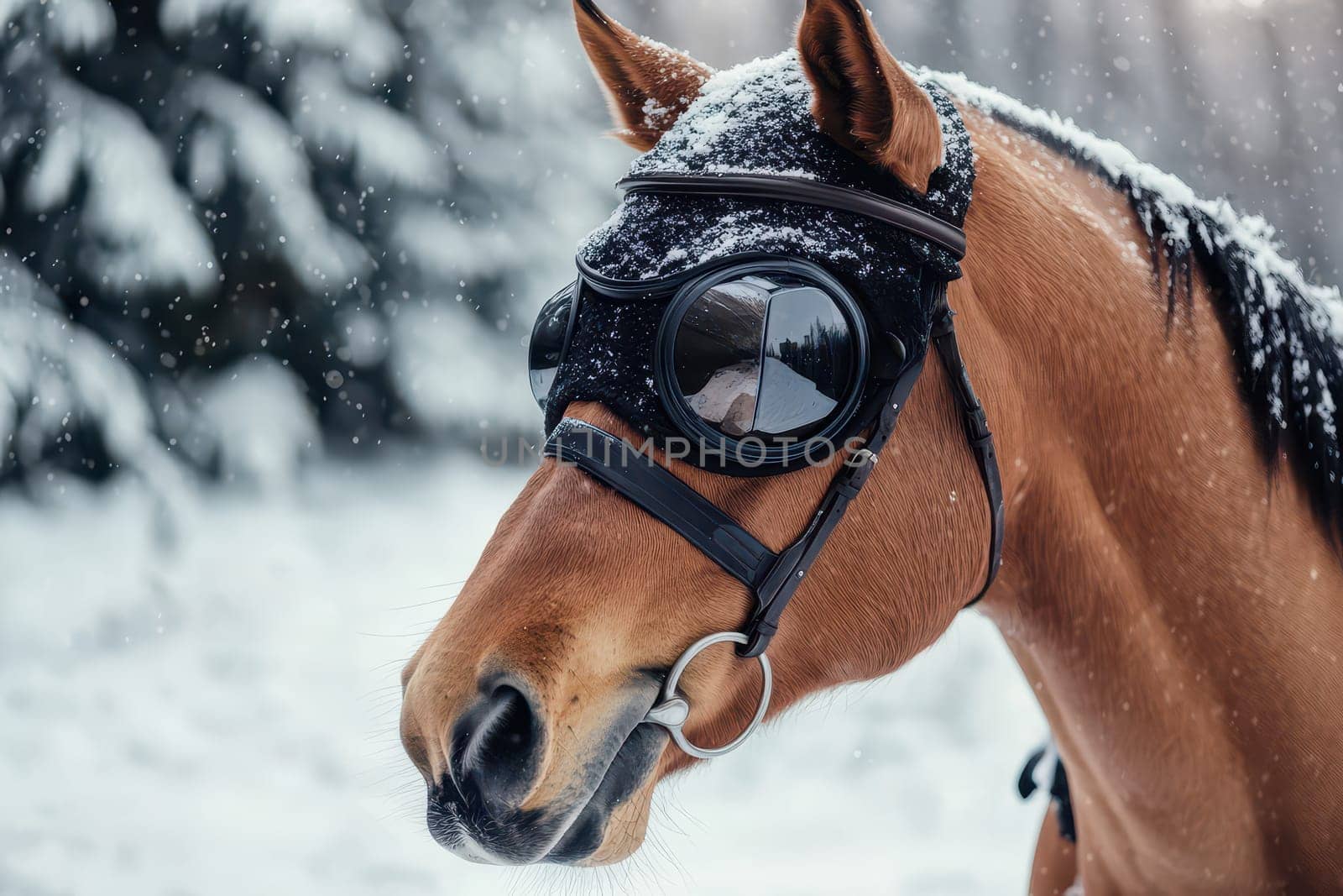 A horse wearing goggles stands in a snowy landscape surrounded by trees capturing the festive spirit of Christmas in the serene winter setting.