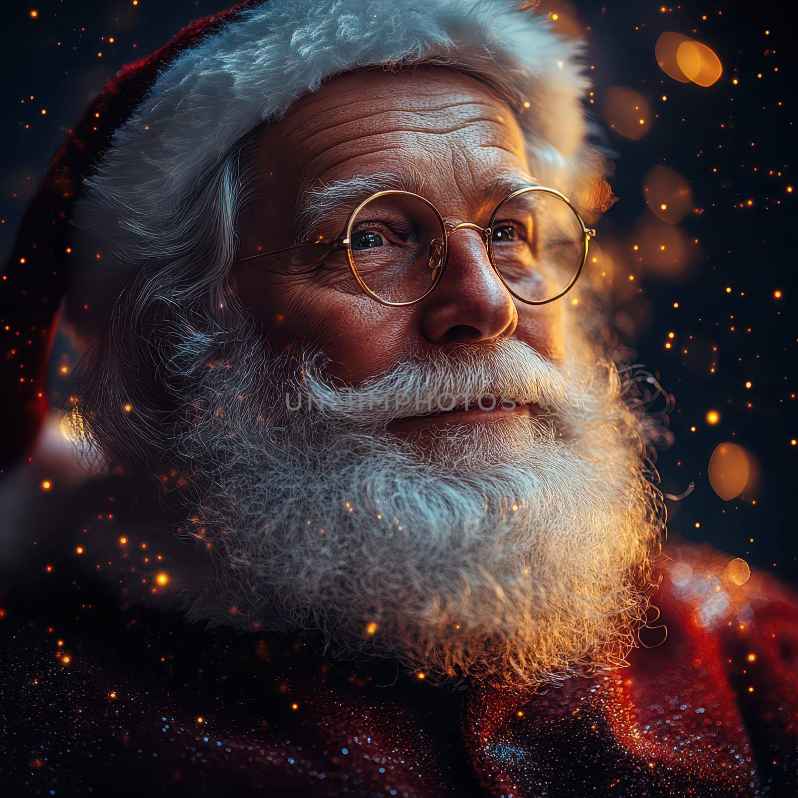 Santa Claus with a warm smile and twinkling eyes embodies the joy and magic of Christmas surrounded by gentle sparkles and a festive atmosphere.