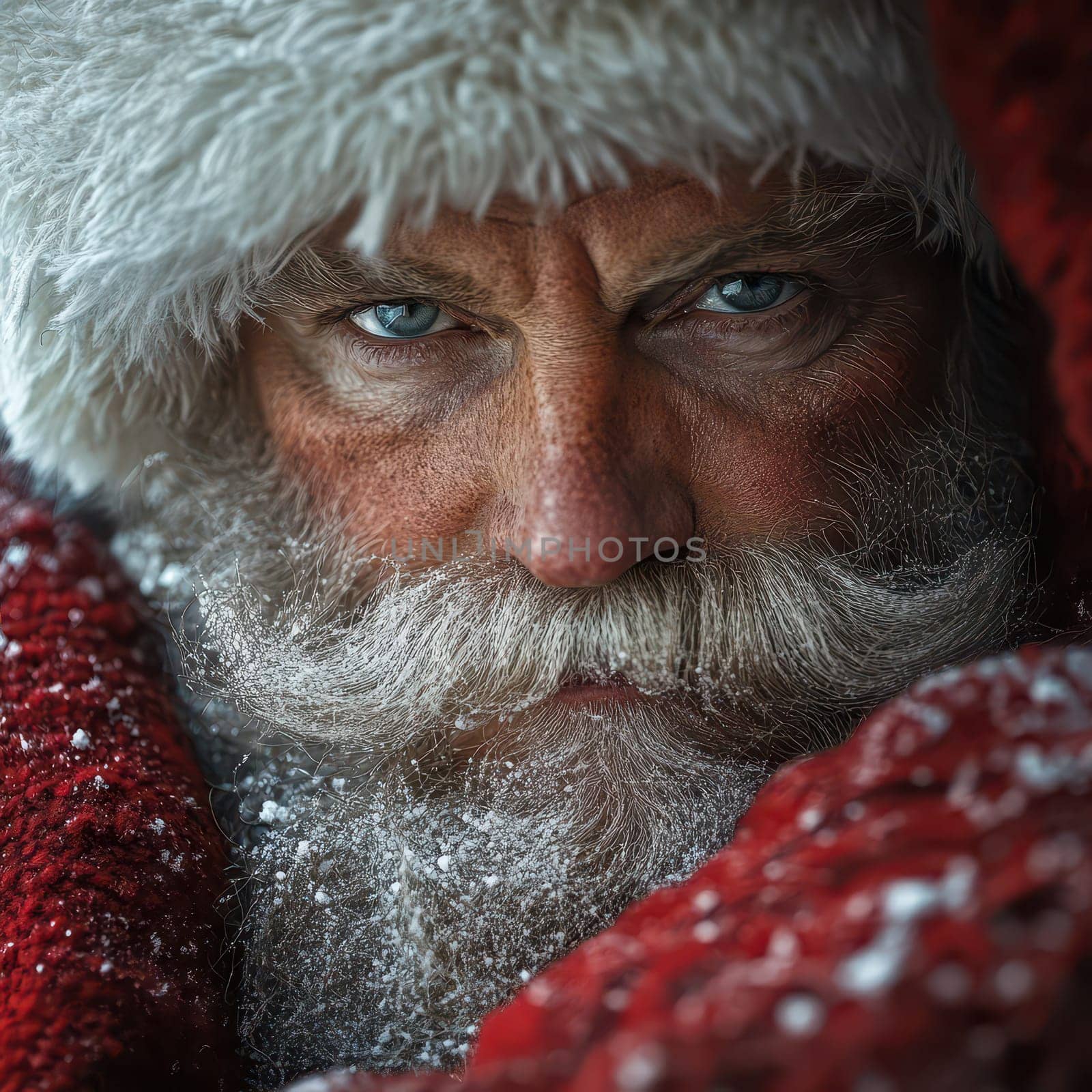Santa Claus gazes intensely with blue eyes and a snowy beard while wrapped in a red coat embodying the spirit of Christmas.