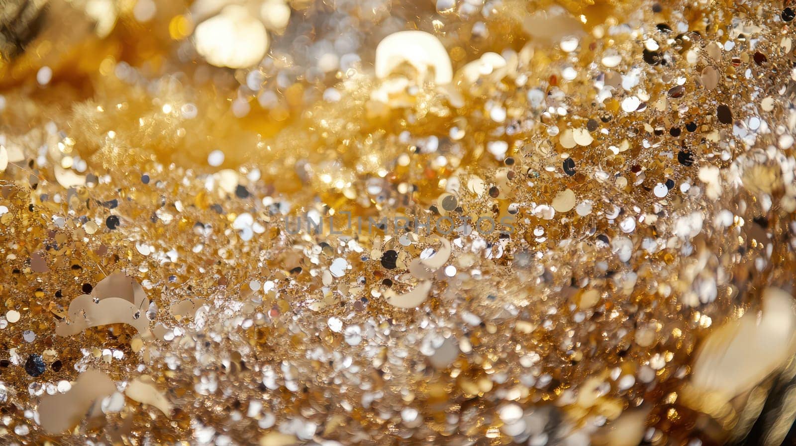 This close up shows sparkling gold and silver decorations perfect for festive Christmas celebrations and holiday decorating.