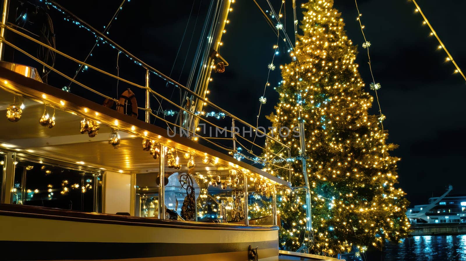 A boat adorned with lights is anchored beside a large sparkling Christmas tree at night. The vibrant decorations create a festive atmosphere.