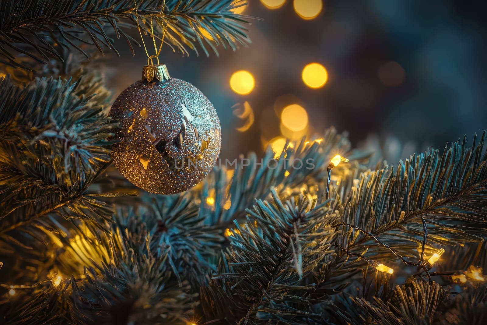 A sparkling ornament decorates a Christmas tree surrounded by warm glowing lights creating a festive atmosphere in a cozy setting.