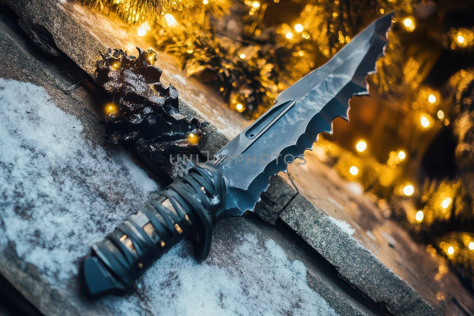 A decorative knife rests on a snowy surface next to twinkling Christmas lights creating a festive yet striking atmosphere.