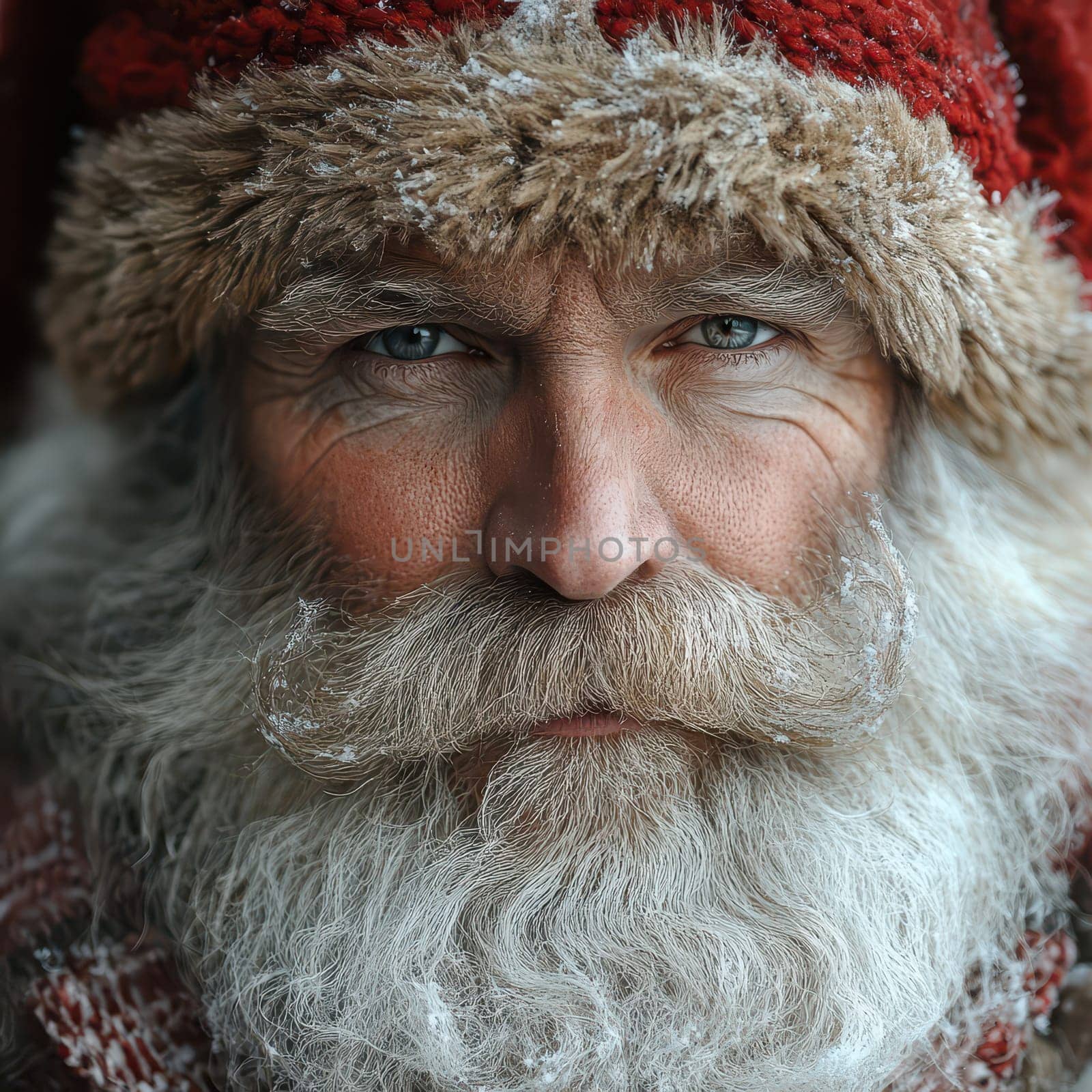 A joyful man dressed as Santa Claus showcases his full white beard and friendly smile against a festive backdrop of winter decorations.