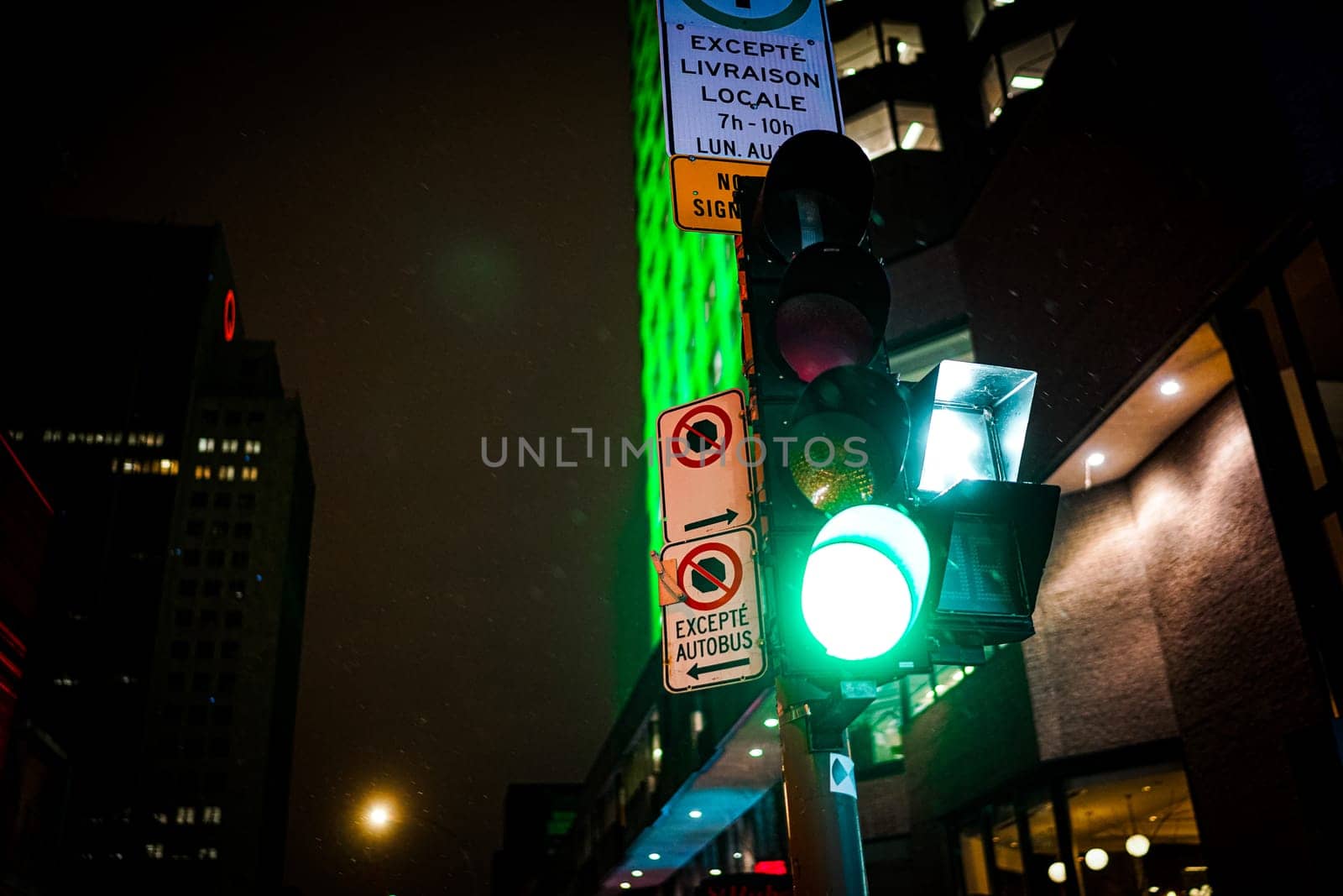 Signals and signs at night. Shooting Location: montreal, canada