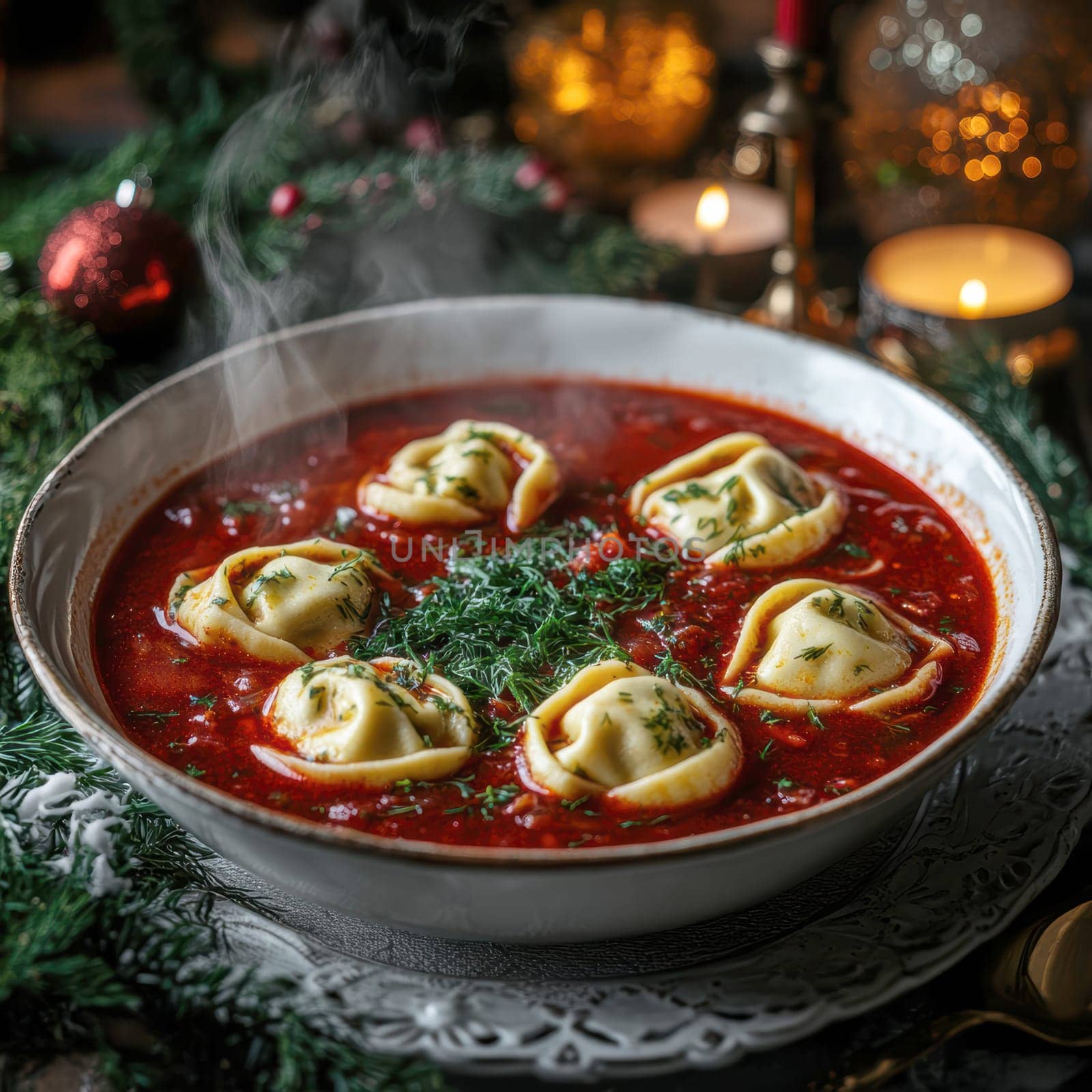 Polish Red Beetroot Borscht with ravioli on the Christmas Eve table AI generative