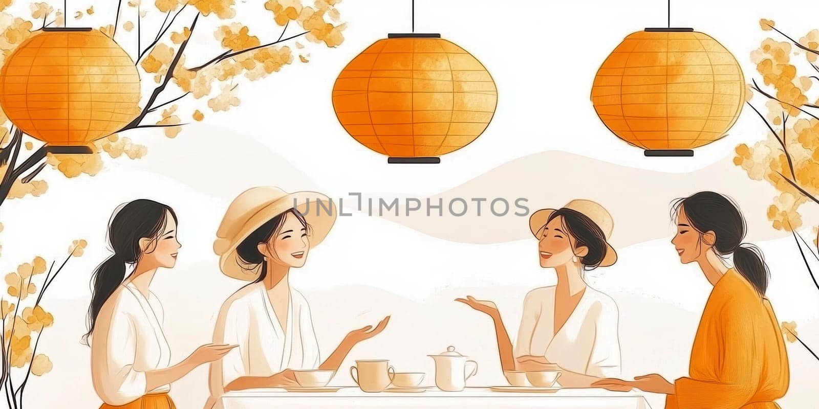 modern tea garden talking women, simple illustration style. AI generative.