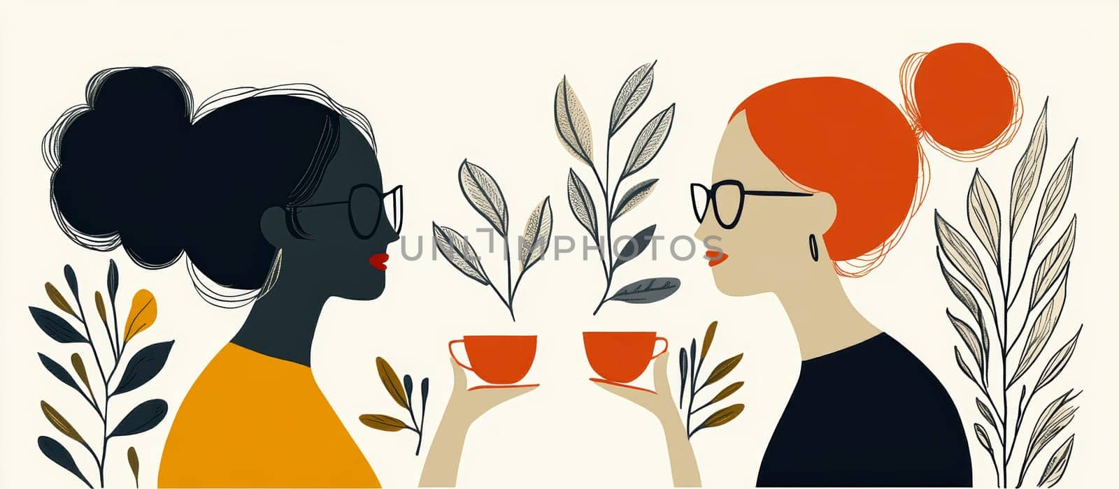 modern tea garden talking women, simple illustration style. AI generative.