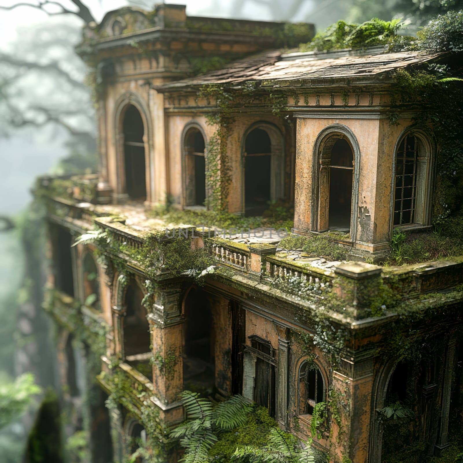 Photos of abandoned,ghostly buildings standing in the woods. AI generative.