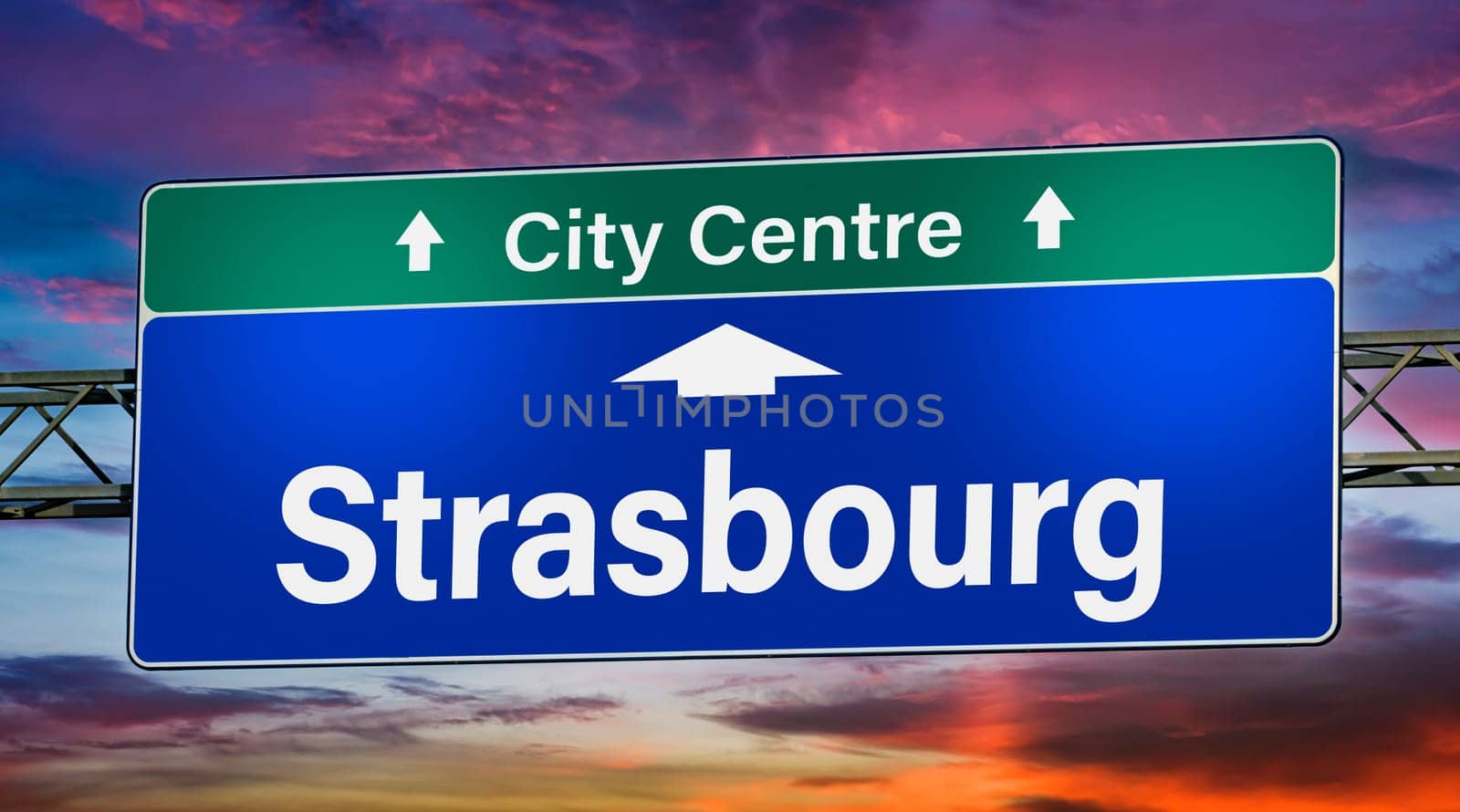 Road sign indicating direction to the city of Strasbourg, France.