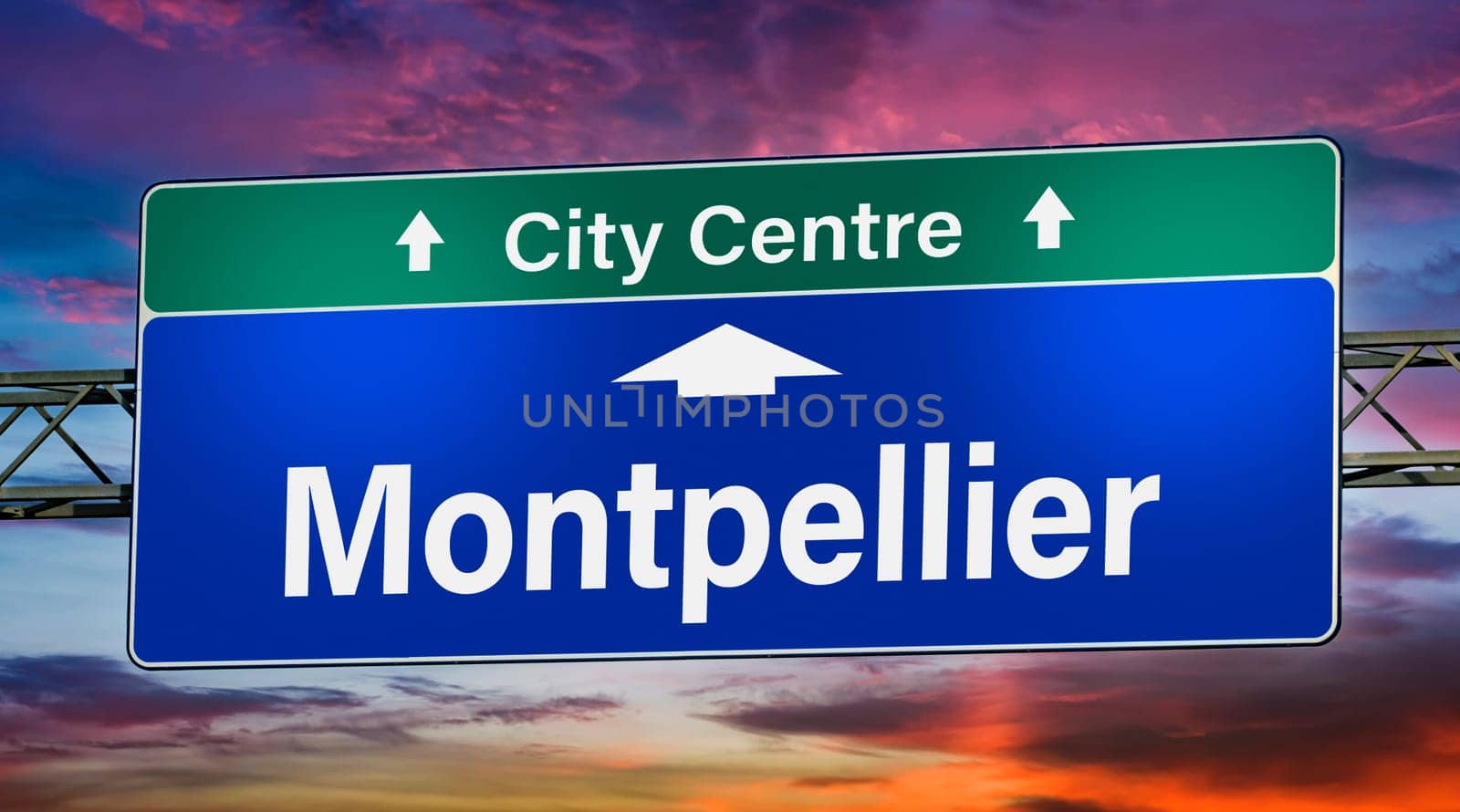 Road sign indicating direction to the city of Montpellier, France.