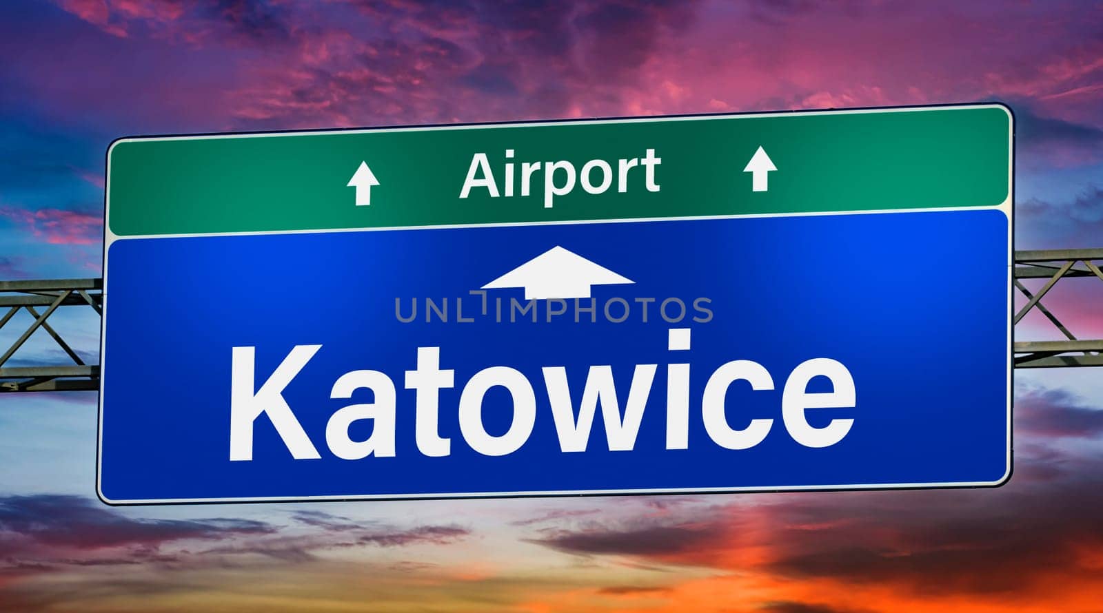 Road sign indicating direction to the city of Katowice, Poland.