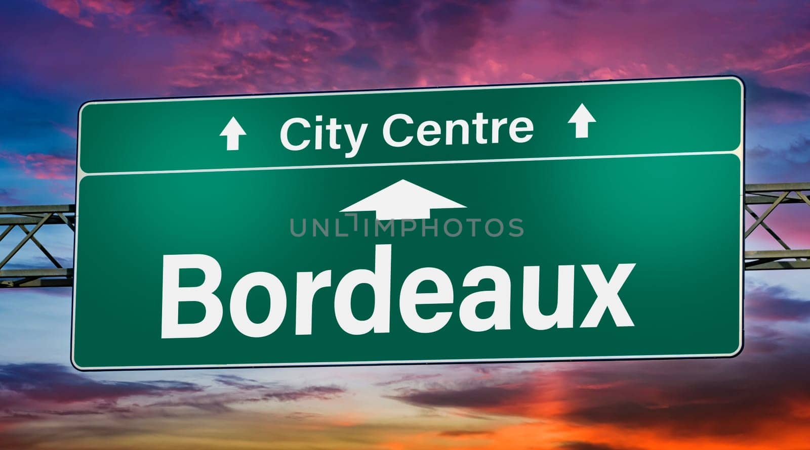 Road sign indicating direction to the city of Bordeaux, France.