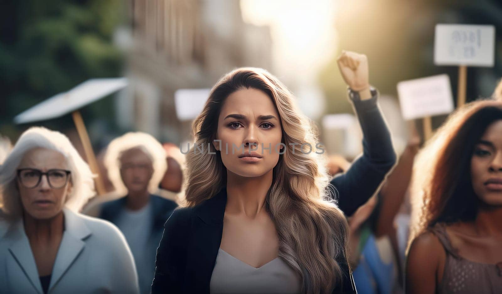 Group of people at a protest in the street with women as central figures, holding placards and raising fists up. Feminist demonstration for unity, public activism concept