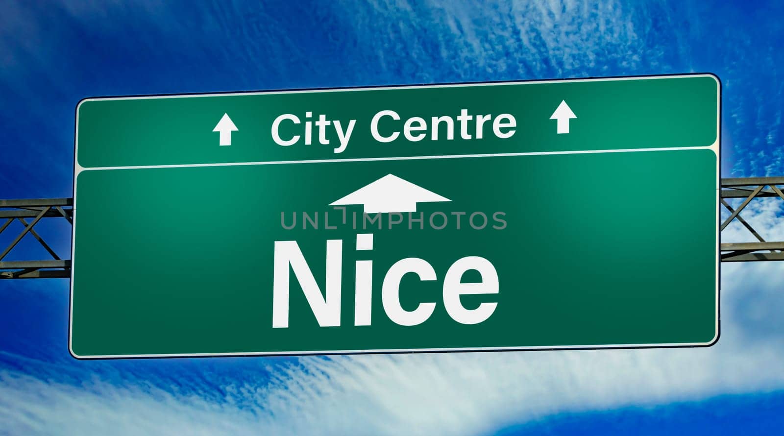Road sign indicating direction to the city of Nice, France.