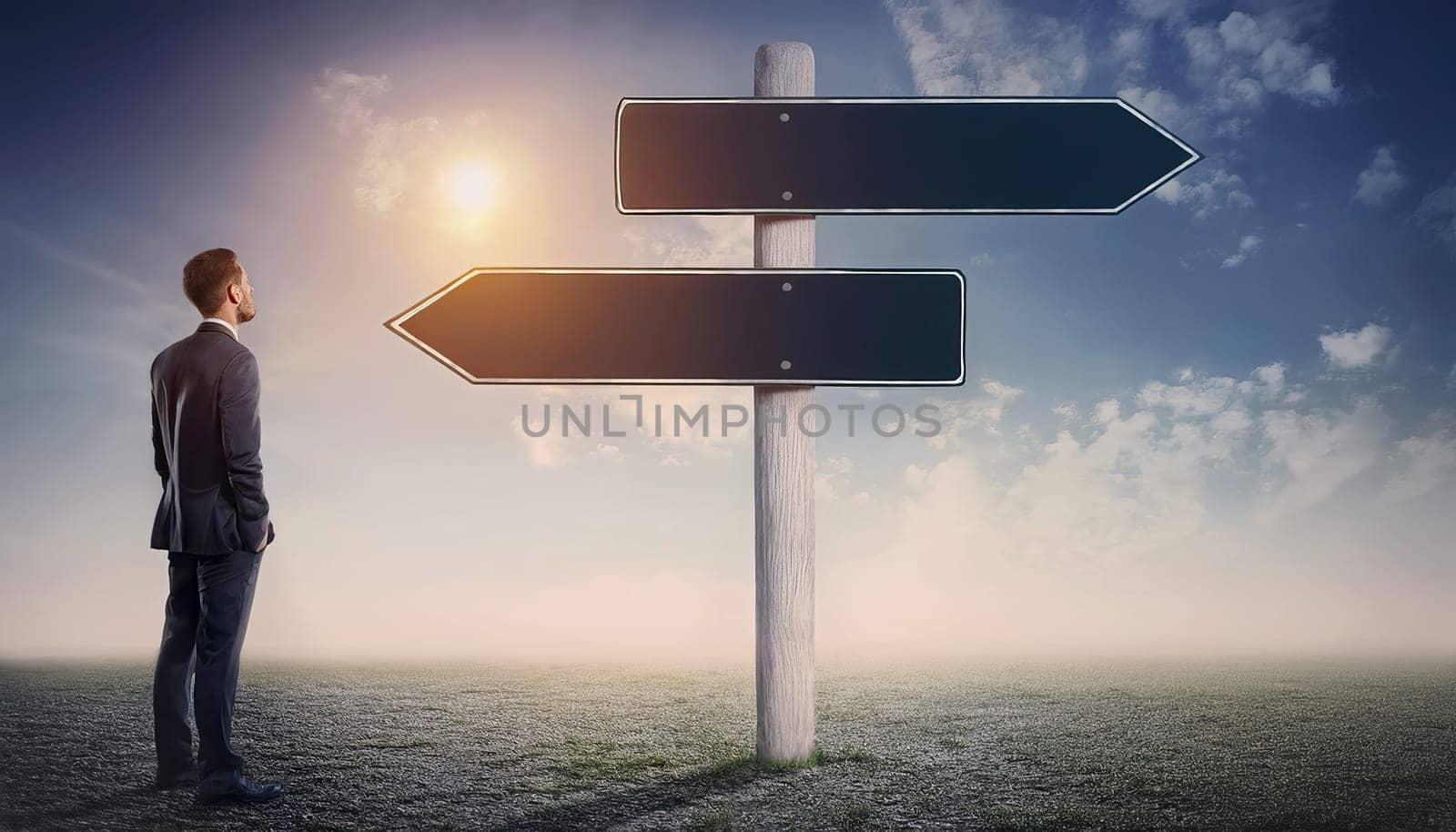 Businessman in suit standing on a empty field looking at a wooden signpost with two blank directional arrows pointing left and right sides. Business decision and difficult choice concept