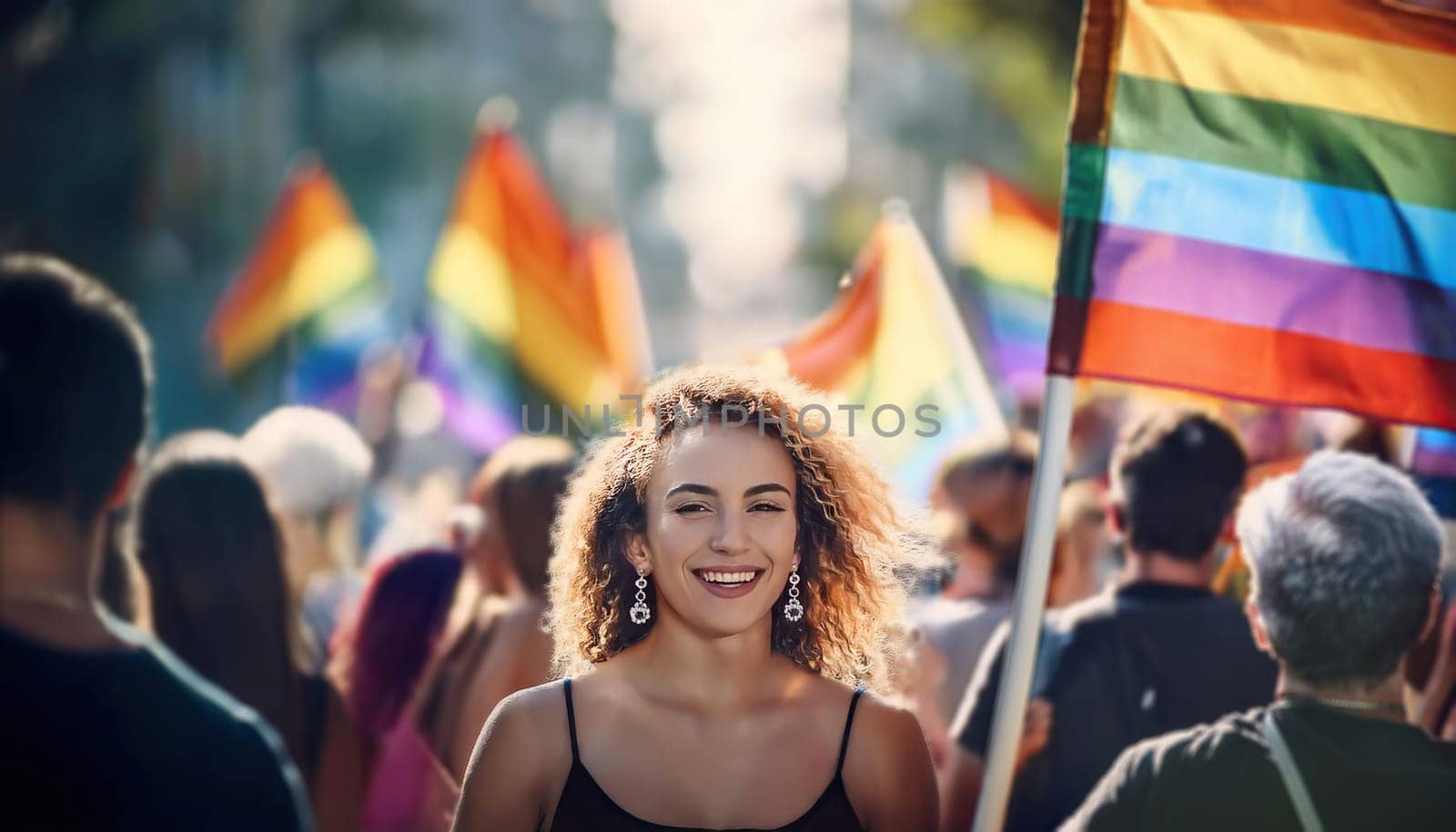 LGBTQ+ pride parade for equality with crowd of people participating in a march on the street fluttering with multiple rainbow flags