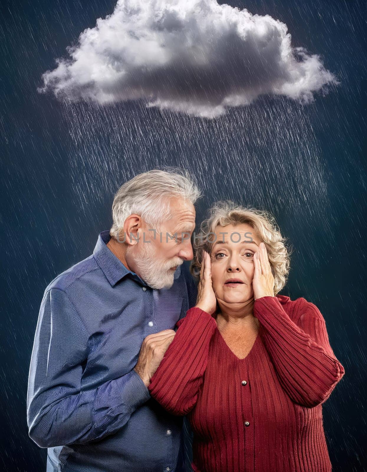 Senior couple standing together under rain, with a dark stormcloud above head. The old man hugs his wife as looks scared. Concept for Alzheimer's and dementia disease