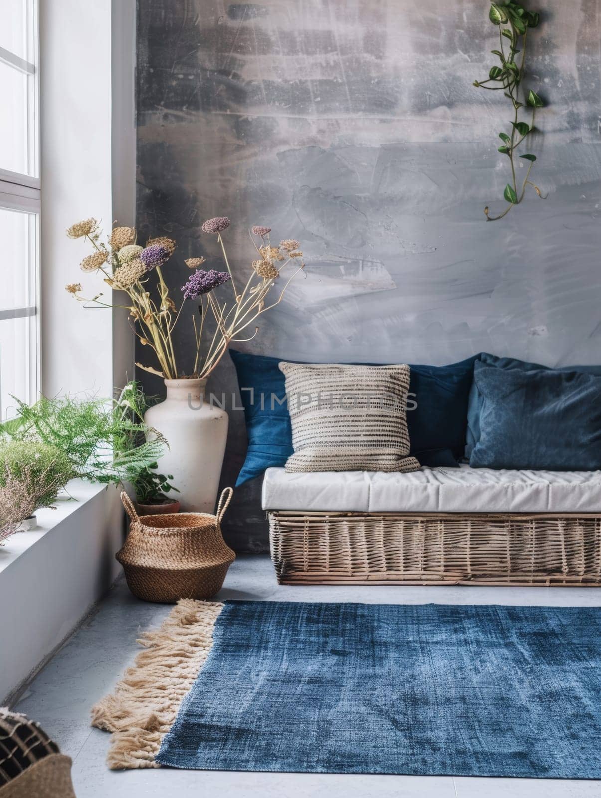 A rustic corner featuring a wicker sofa with blue pillows against a textured grey wall