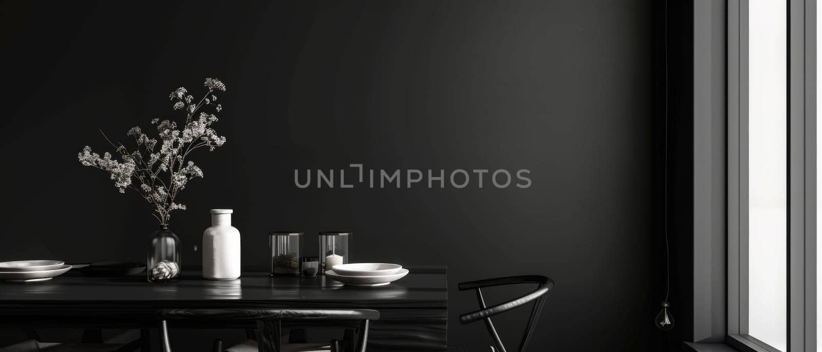 A modern black dining table is accentuated with botanical elements and simplistic tableware under subtle lighting, offering a blend of sophistication and nature