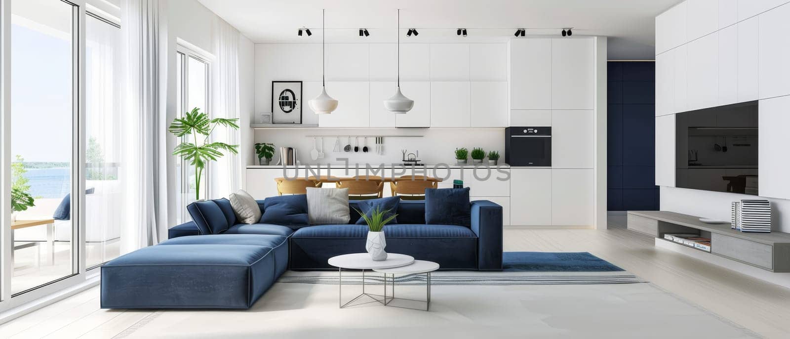 Open space living area with blue sofas and pristine white kitchen, exuding freshness and modernity