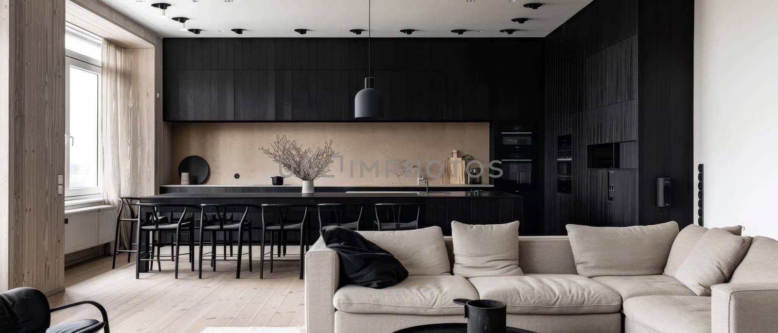 An expansive open-plan living and dining space with elegant black decor and ample light