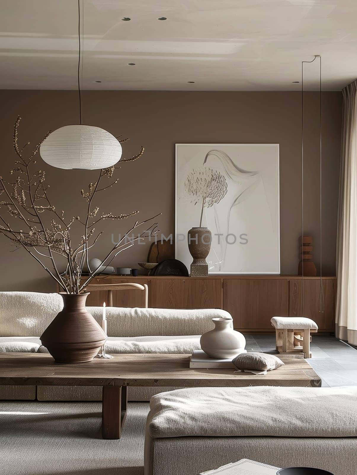 Contemporary living room adorned with earth tones and subtle decor for a relaxing atmosphere