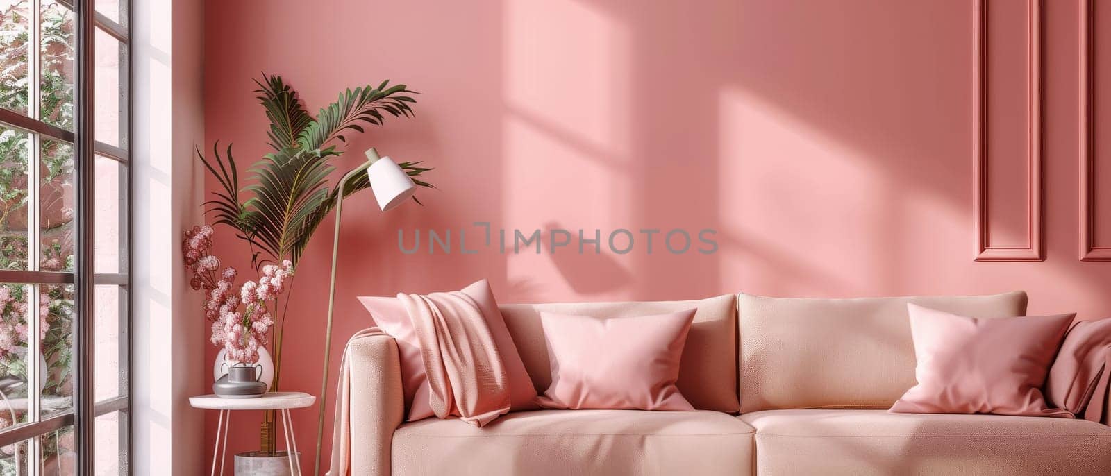 Soft pink tones create a tranquil living space with stylish comfort and blooming accents. Serene and chic