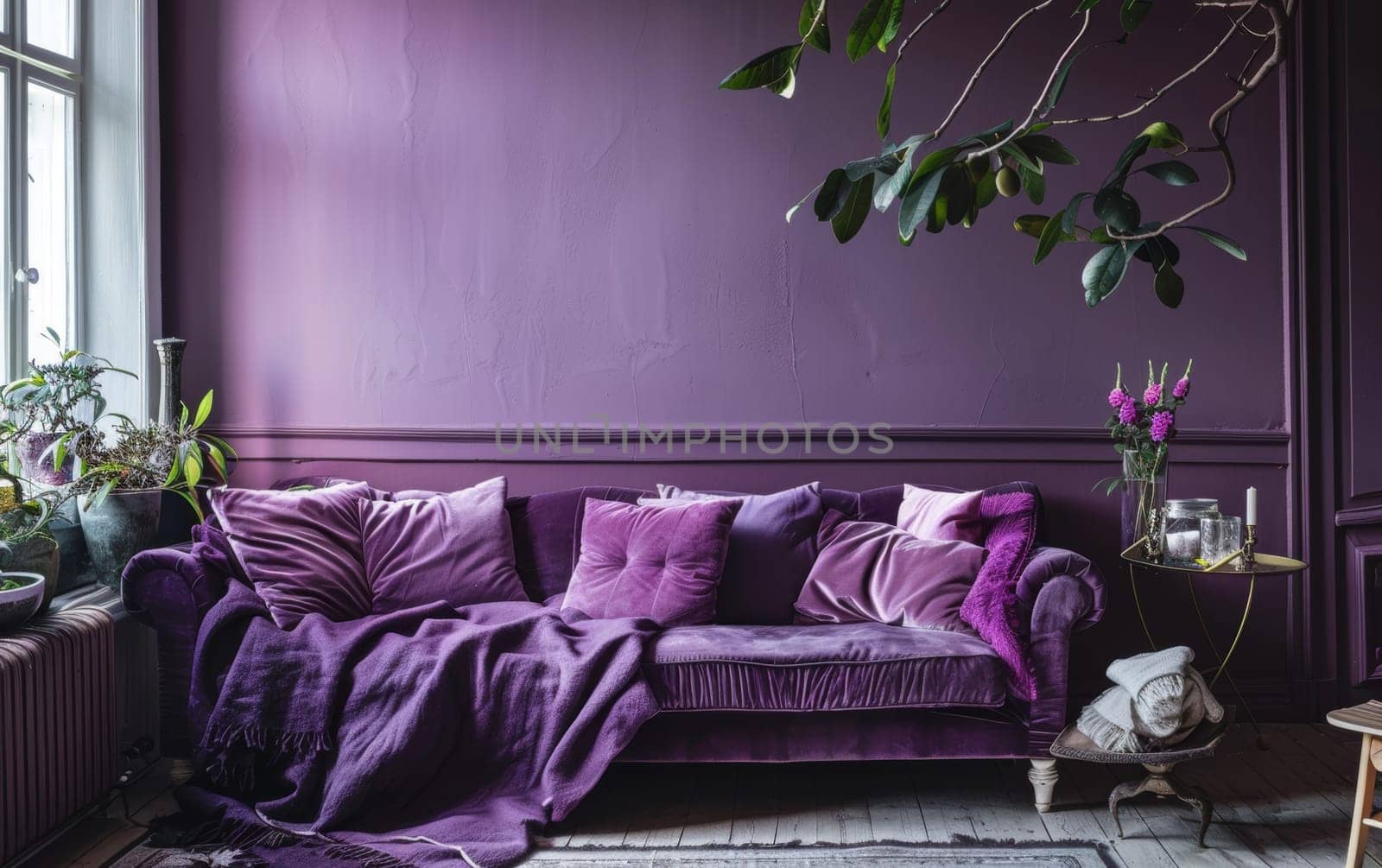 Eclectic decor with a plush purple sofa and botanical highlights in a vintage setting
