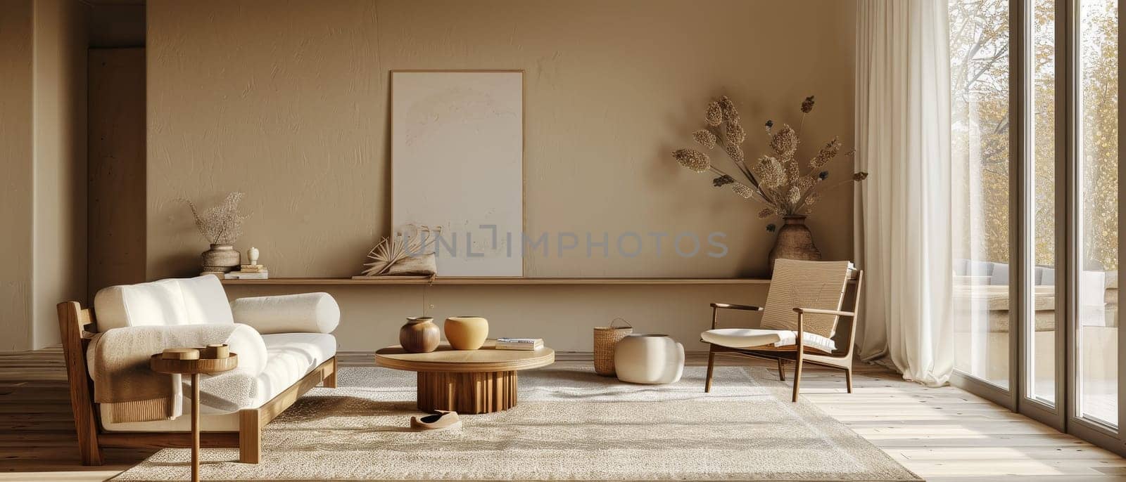 Warm sunlight floods a tranquil living space, highlighting earthy tones and organic textures