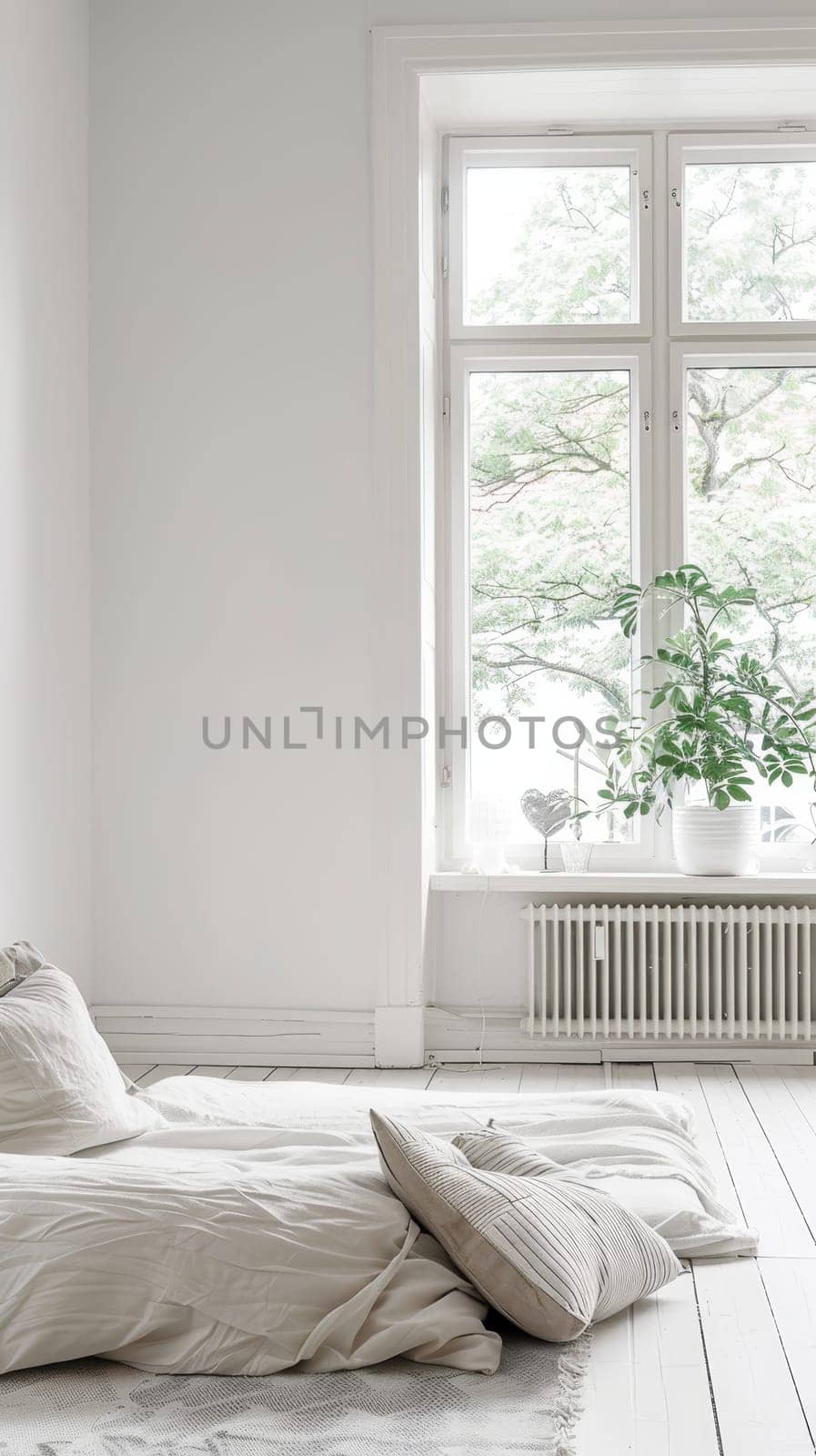 Sun-drenched bedroom in white, offering a refreshing view of nature through large windows