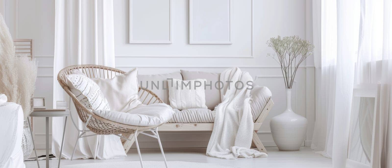 A boho-chic lounge nook with a white palette and natural textures exudes calmness
