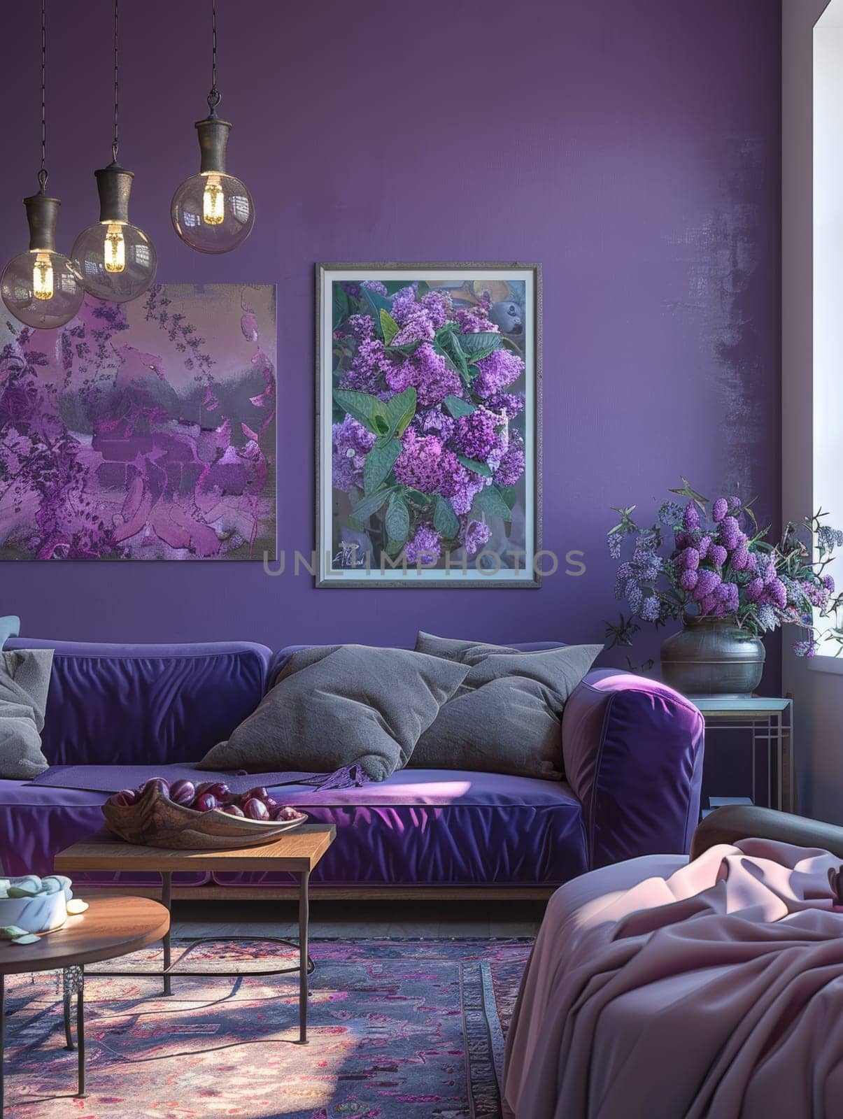 Vibrant purple accents adorn a cozy, eclectic living space