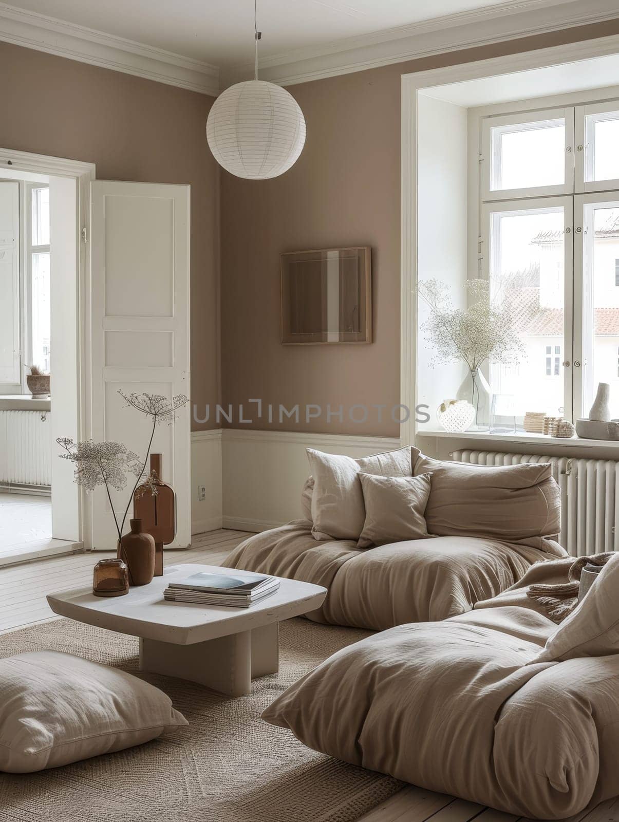 Beige tones dominate a serene living space. Plump couches and minimalist decor invite peaceful relaxation