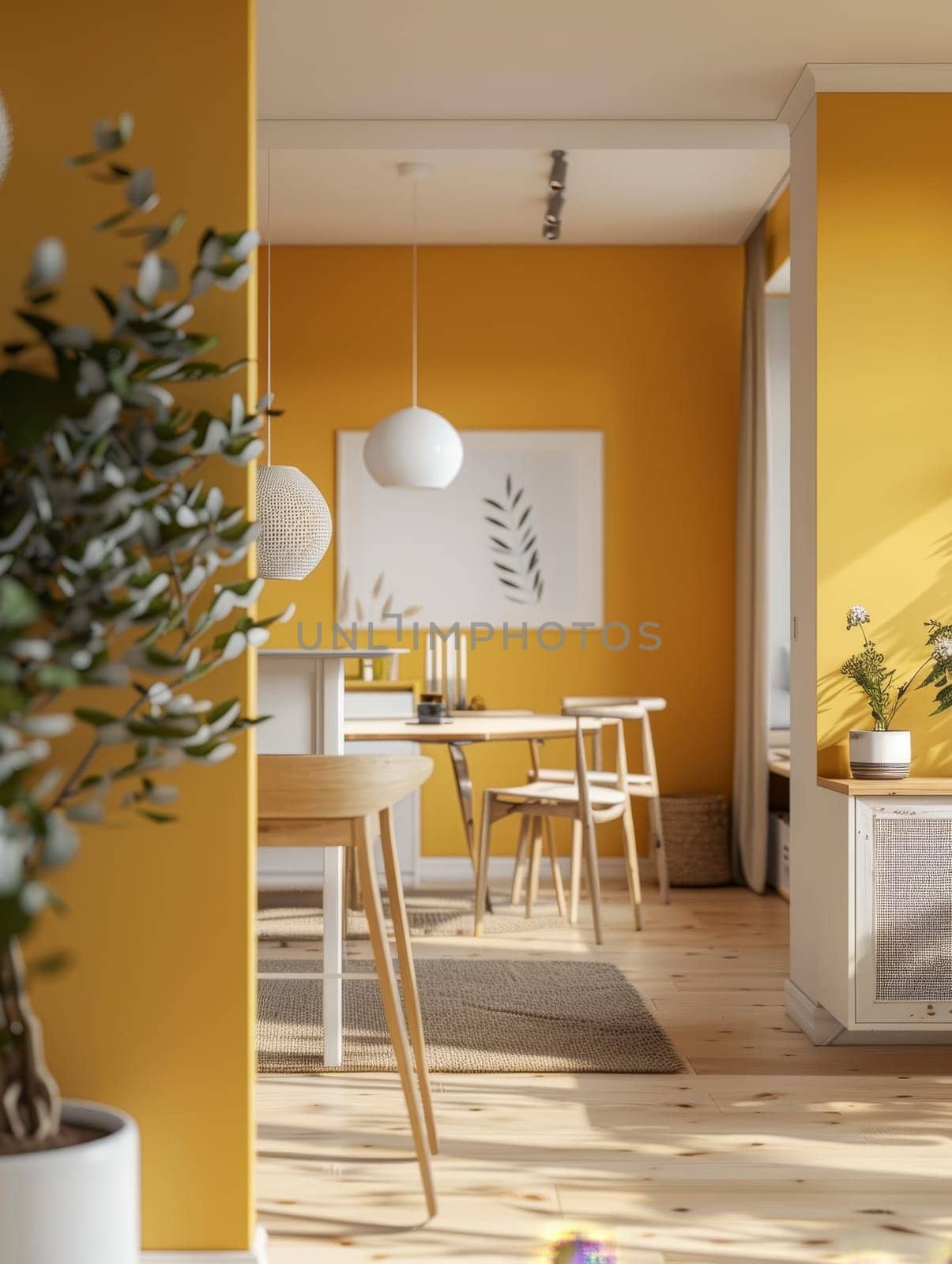 Sunshine spills over a modern dining area, casting shadows across the sleek wooden furniture and yellow walls