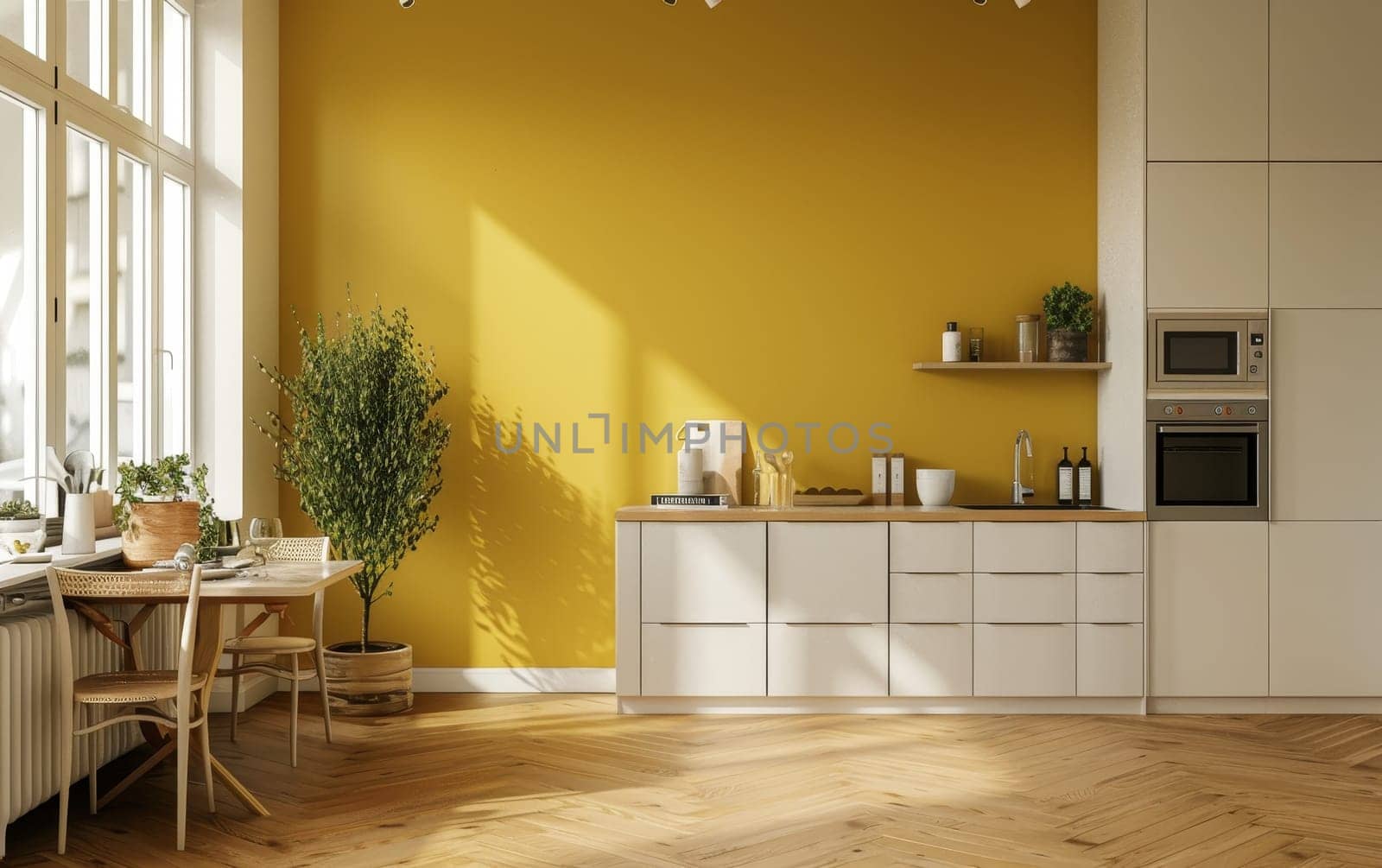 Sun-kissed kitchen featuring yellow walls and natural wood, radiating a cheerful atmosphere