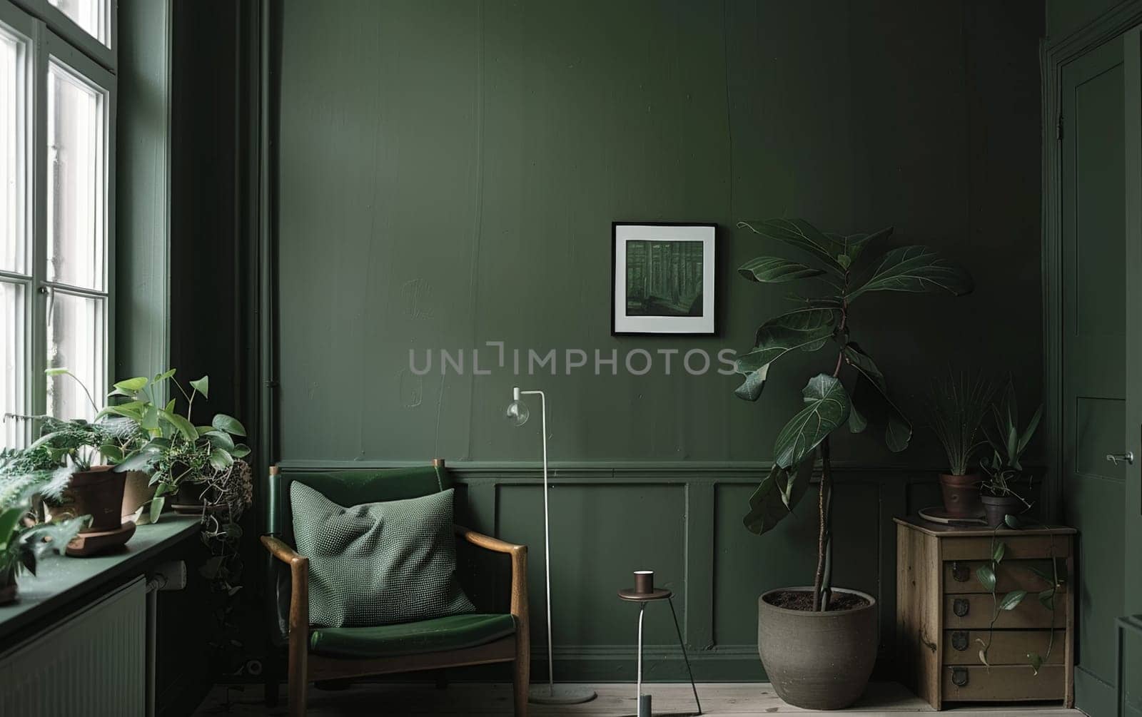 A serene living space bathed in green, featuring a classic armchair and a collection of vibrant houseplants