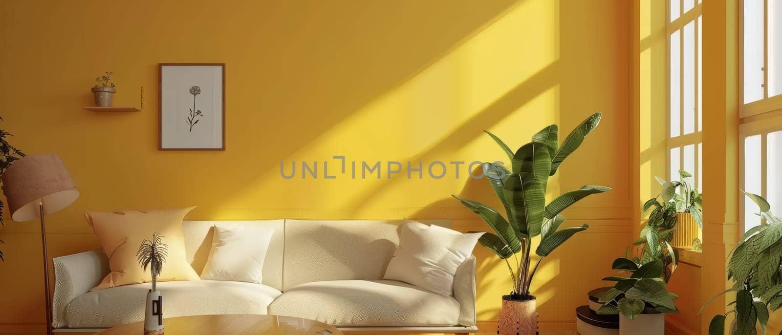 Golden afternoon sun streams into a living room, highlighting a comfy sofa and vibrant houseplants