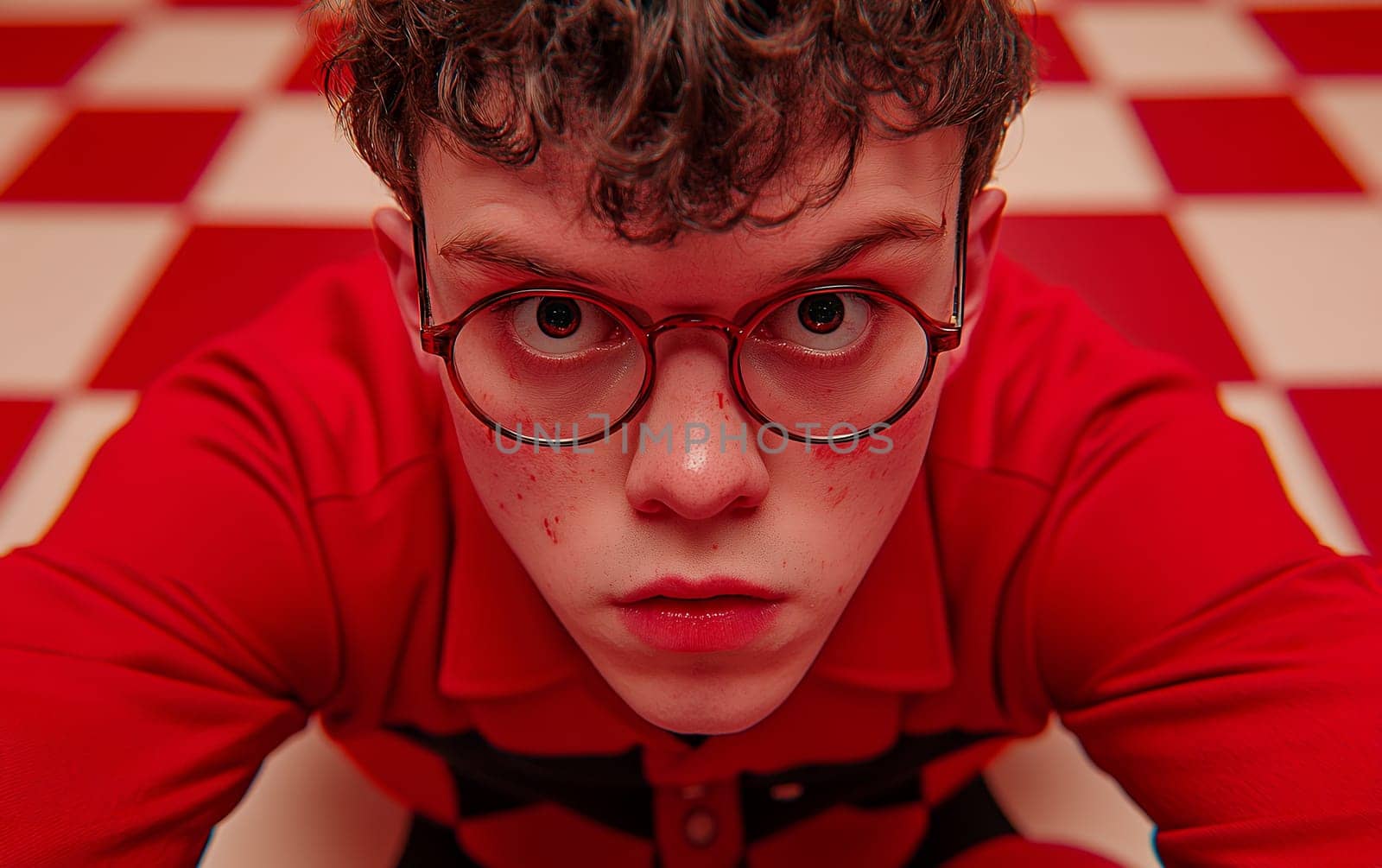 Young caucasian male with curly hair and glasses in red checkered room.