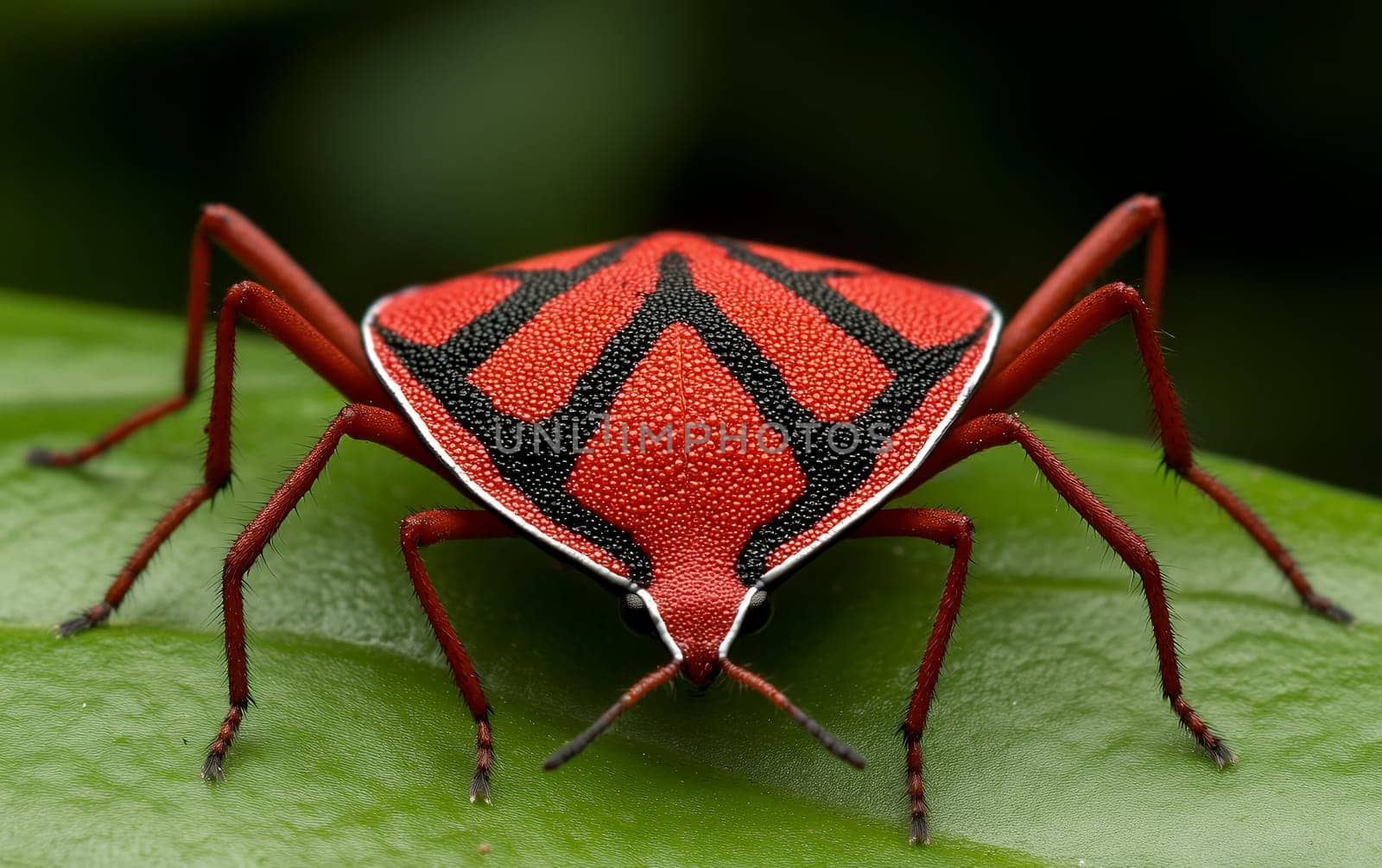 Colorful shield bug perched on leaf with striking black and red patterns.