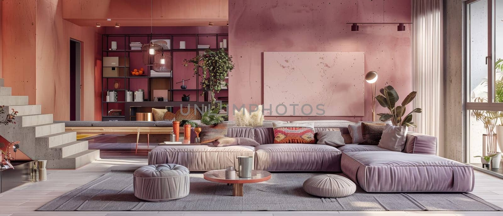 Open concept living area blends modern design with cozy textures and vibrant plants