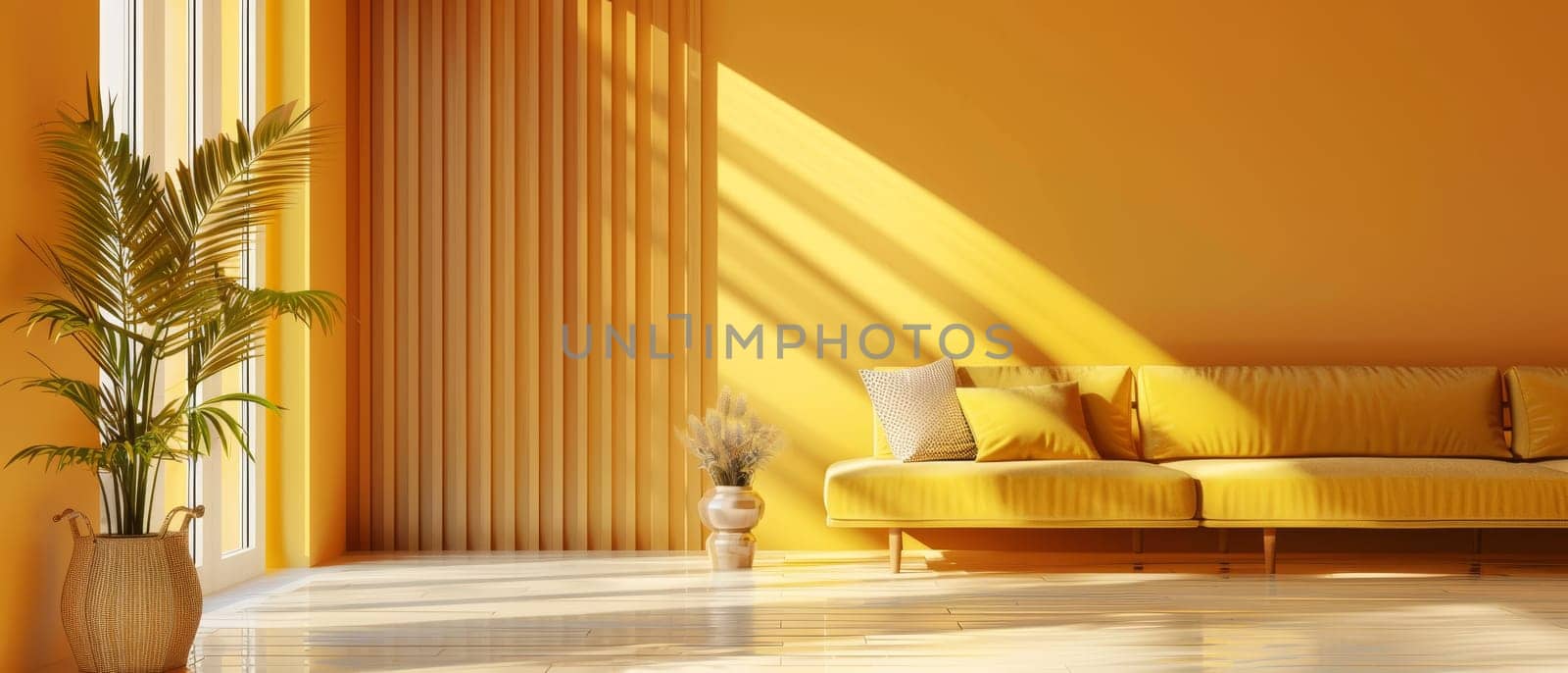 Morning rays illuminate a chic living room featuring a sleek yellow couch and vertical lines of light and shadow