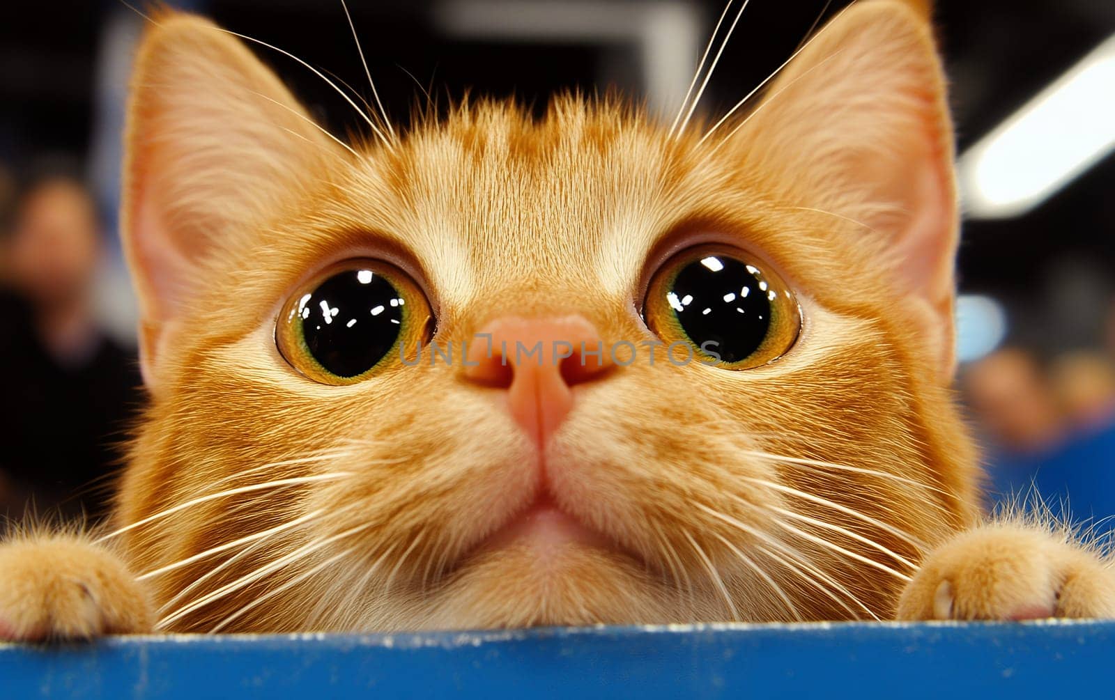 Close-up of curious orange tabby cat with bright green eyes.